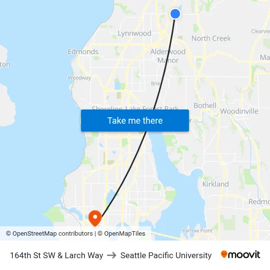 164th St SW & Larch Way to Seattle Pacific University map