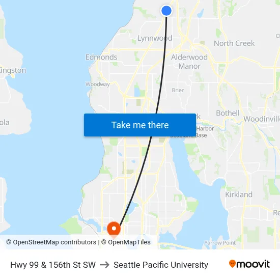 Hwy 99 & 156th St SW to Seattle Pacific University map