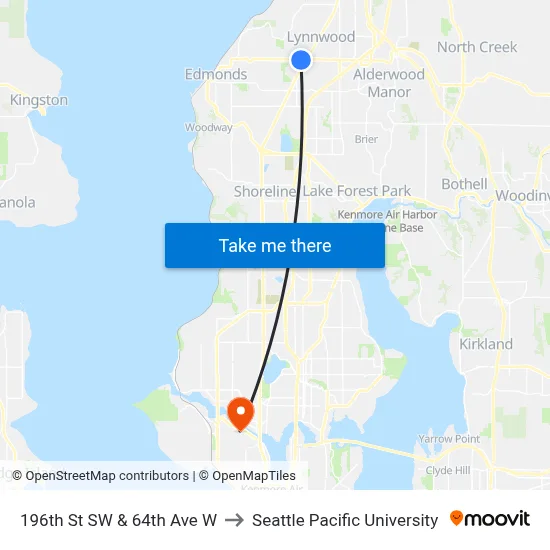196th St SW & 64th Ave W to Seattle Pacific University map
