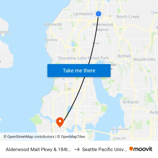Alderwood Mall Pkwy & 184th St SW to Seattle Pacific University map