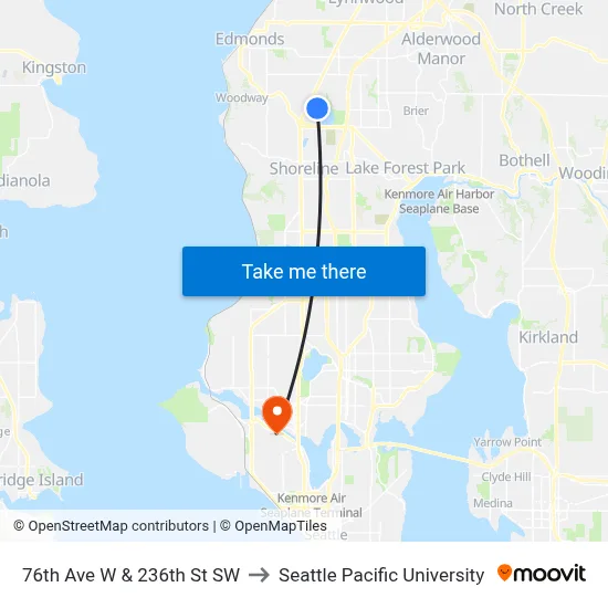 76th Ave W & 236th St SW to Seattle Pacific University map