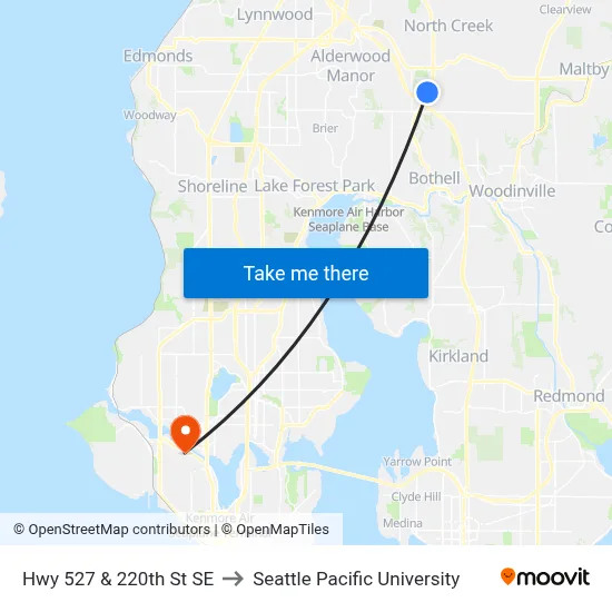 Hwy 527 & 220th St SE to Seattle Pacific University map