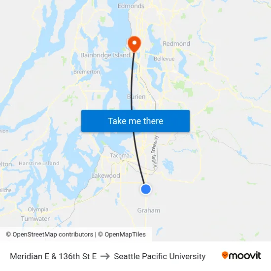 Meridian E & 136th St E to Seattle Pacific University map