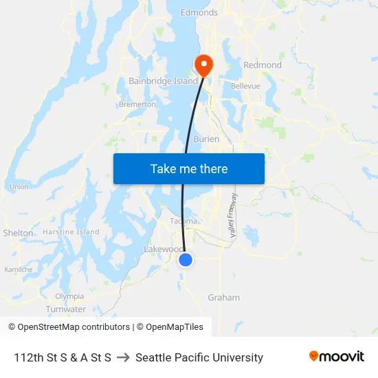 112th St S & A St  S to Seattle Pacific University map