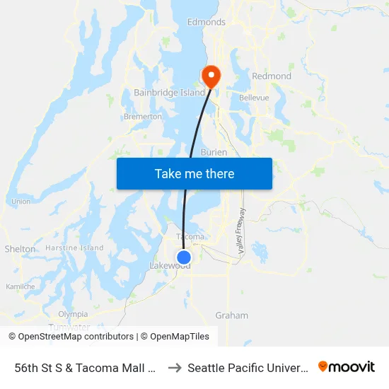 56th St S & Tacoma Mall Blvd to Seattle Pacific University map