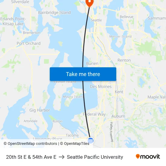 20th St E & 54th Ave E to Seattle Pacific University map