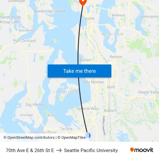 70th Ave E & 26th St E to Seattle Pacific University map