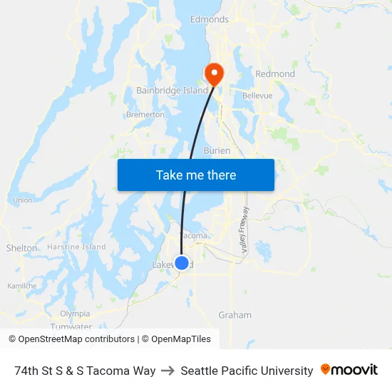 74th St S & S Tacoma Way to Seattle Pacific University map
