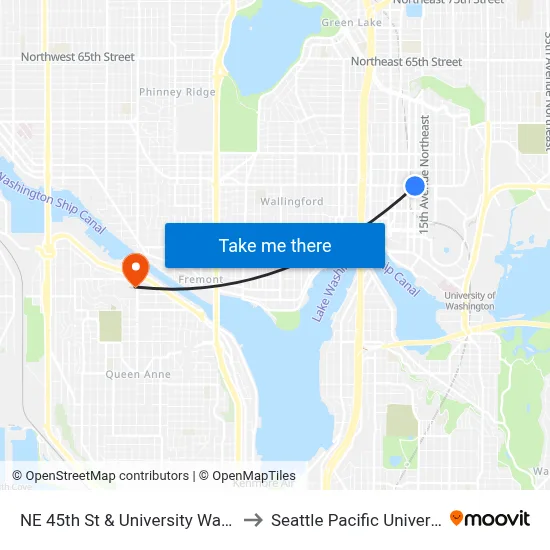 NE 45th St & University Way NE to Seattle Pacific University map