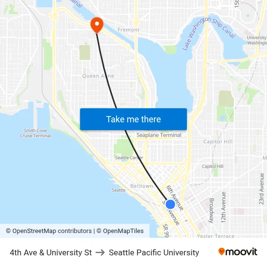 4th Ave & University St to Seattle Pacific University map