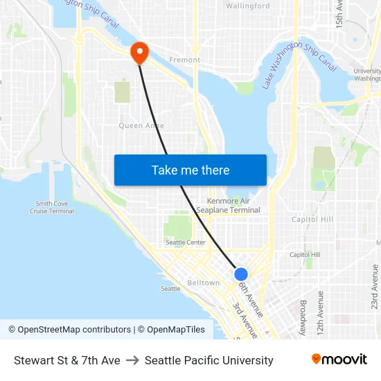 Stewart St & 7th Ave to Seattle Pacific University map