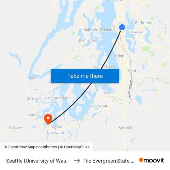 Seattle (University of Washington) to The Evergreen State College map