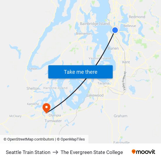 Seattle Train Station to The Evergreen State College map