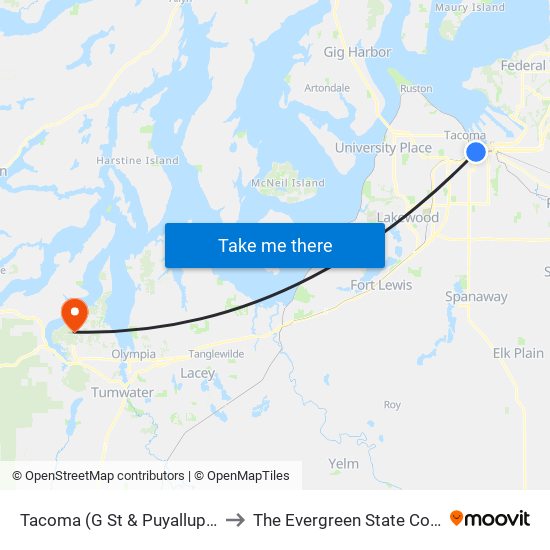 Tacoma (G St & Puyallup Ave) to The Evergreen State College map