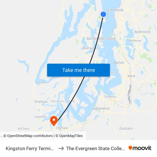 Kingston Ferry Terminal to The Evergreen State College map