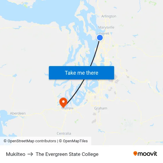 Mukilteo to The Evergreen State College map