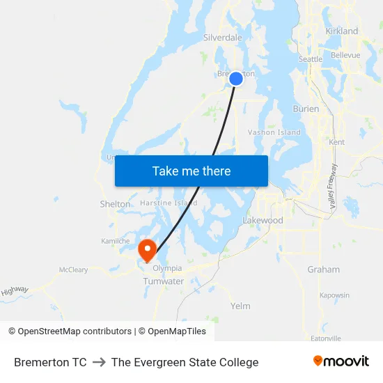 Bremerton TC to The Evergreen State College map