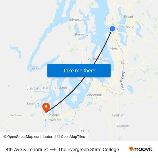 4th Ave & Lenora St to The Evergreen State College map
