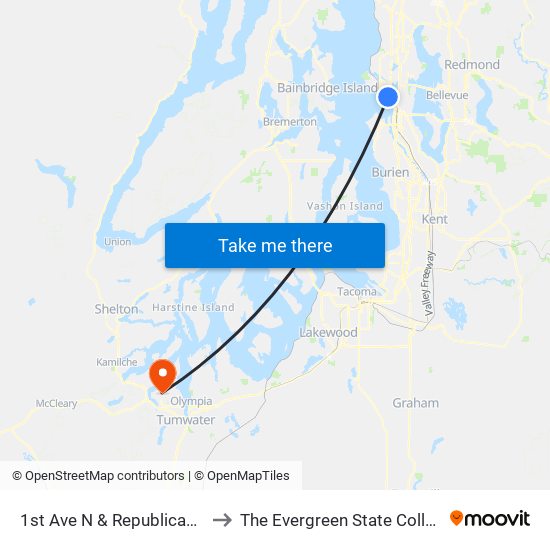 1st Ave N & Republican St to The Evergreen State College map