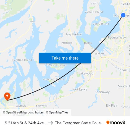 S 216th St & 24th Ave S to The Evergreen State College map