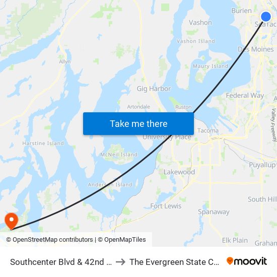 Southcenter Blvd & 42nd Ave S to The Evergreen State College map