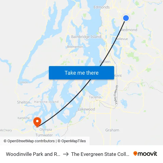 Woodinville Park and Ride to The Evergreen State College map