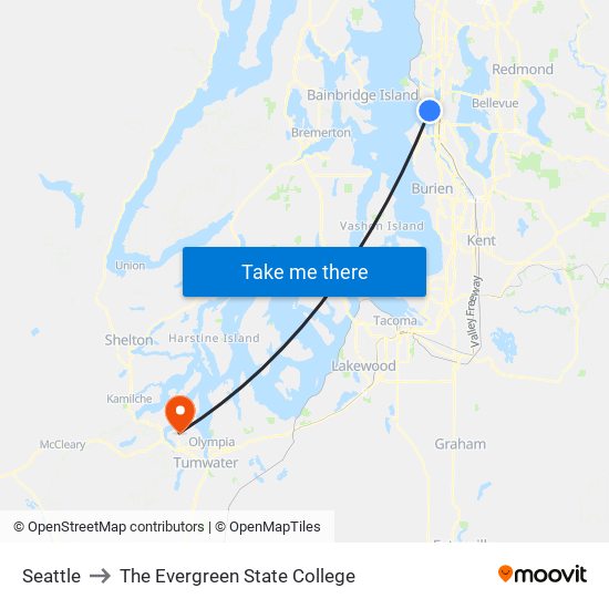 Seattle to The Evergreen State College map