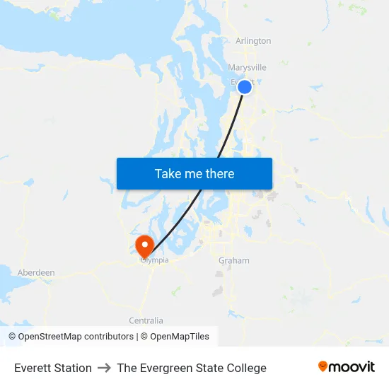 Everett Station to The Evergreen State College map