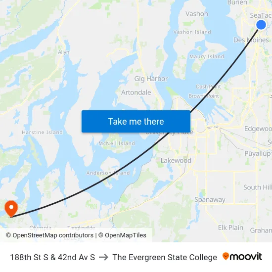 188th St S & 42nd Av S to The Evergreen State College map