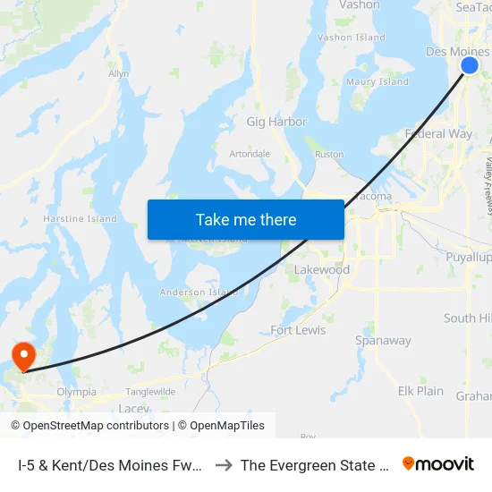 I-5 & Kent/Des Moines Fwy Station to The Evergreen State College map