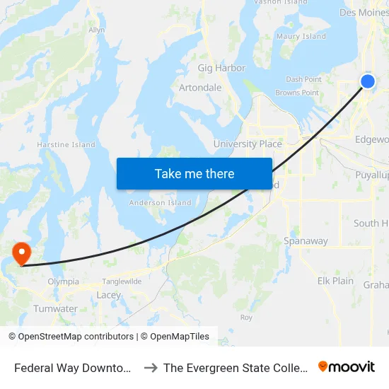 Federal Way Downtown to The Evergreen State College map