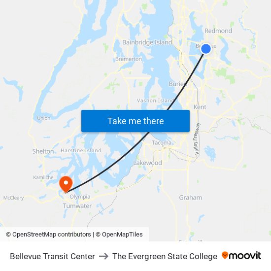 Bellevue Transit Center to The Evergreen State College map