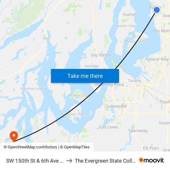 SW 150th St & 6th Ave SW to The Evergreen State College map