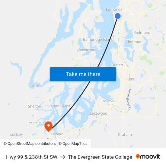 Hwy 99 & 238th St SW to The Evergreen State College map