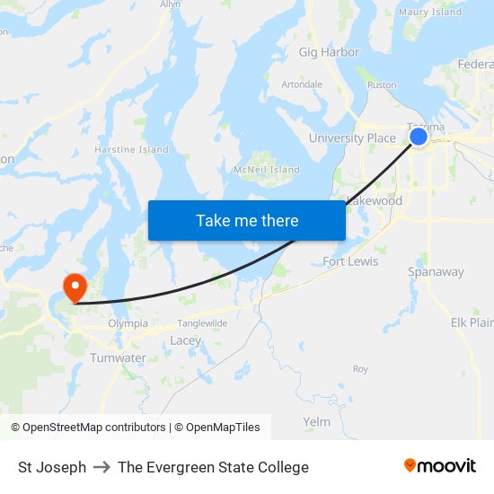 St Joseph to The Evergreen State College map