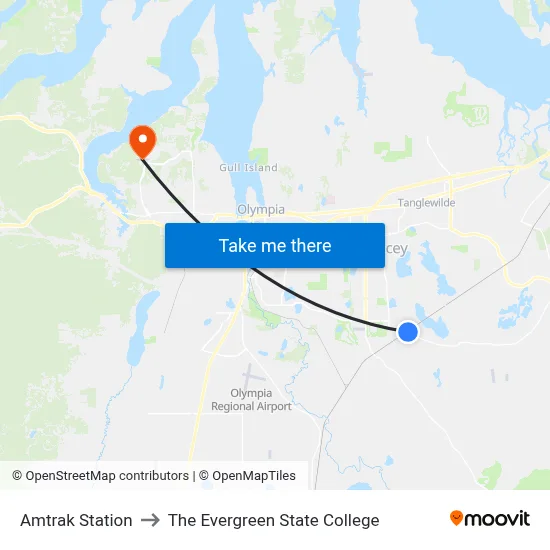 Amtrak Station to The Evergreen State College map