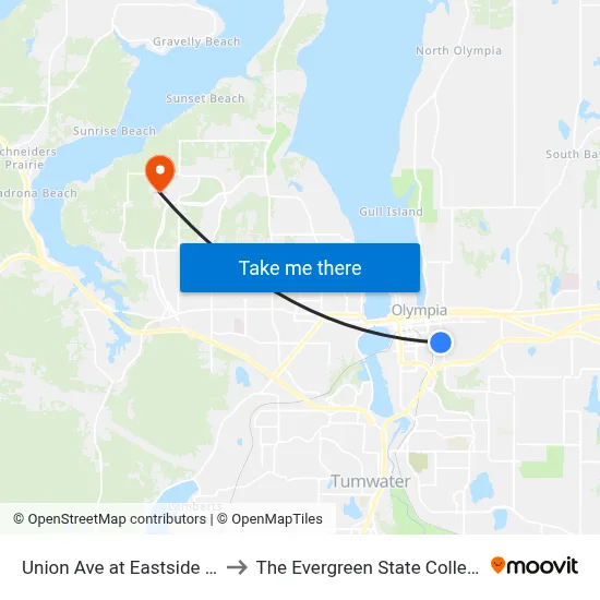Union Ave at Eastside St to The Evergreen State College map