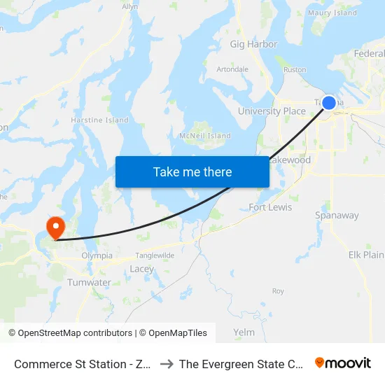Commerce St Station - Zone G to The Evergreen State College map