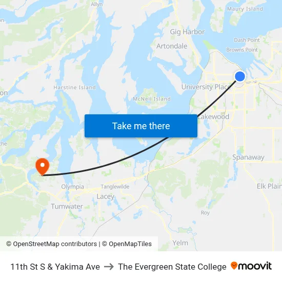 11th St S & Yakima Ave to The Evergreen State College map