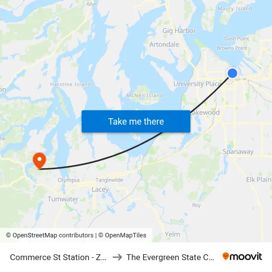 Commerce St Station - Zone D to The Evergreen State College map