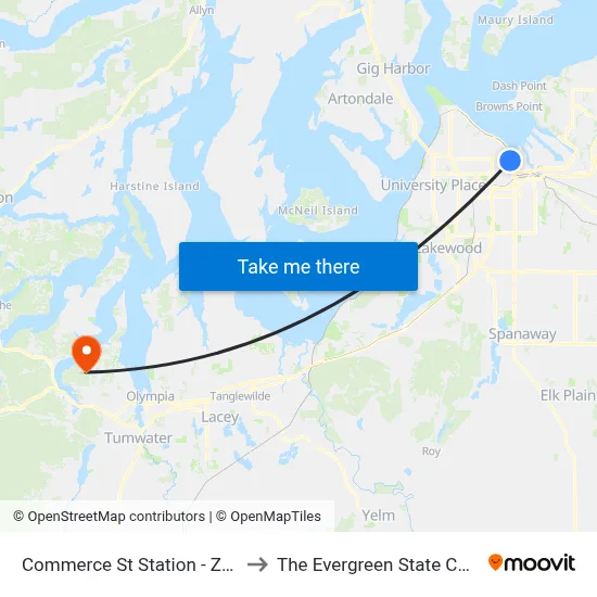 Commerce St Station - Zone B to The Evergreen State College map