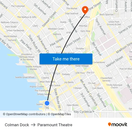 Colman Dock to Paramount Theatre map
