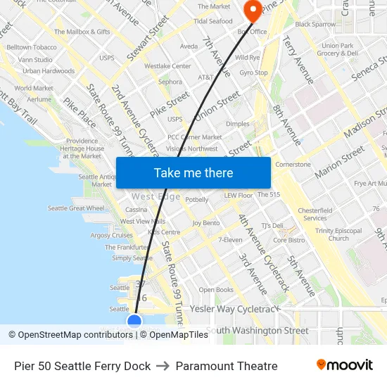 Pier 50 Seattle Ferry Dock to Paramount Theatre map