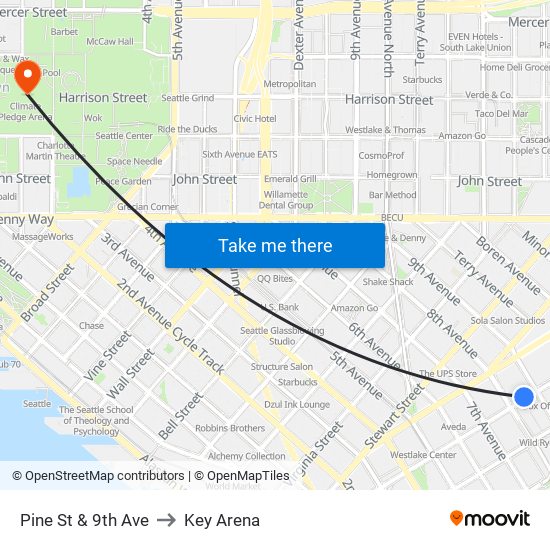 Pine St & 9th Ave to Key Arena map