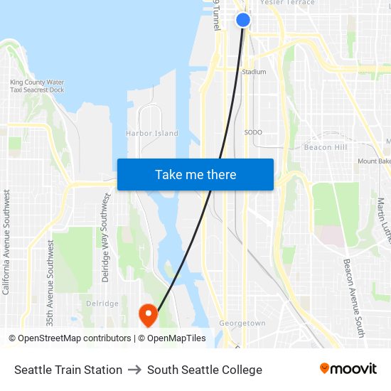 Seattle Train Station to South Seattle College map