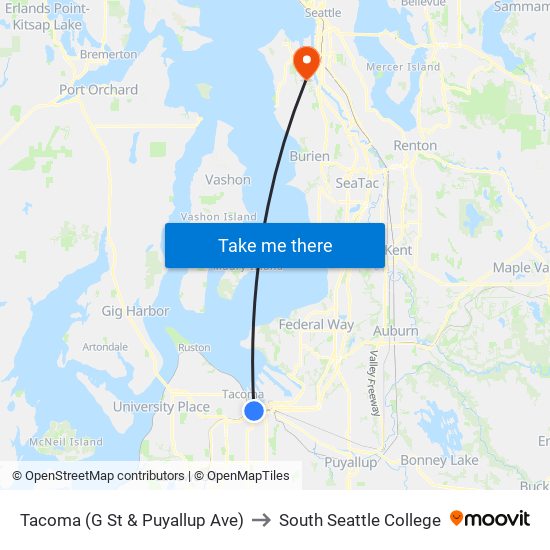 Tacoma (G St & Puyallup Ave) to South Seattle College map