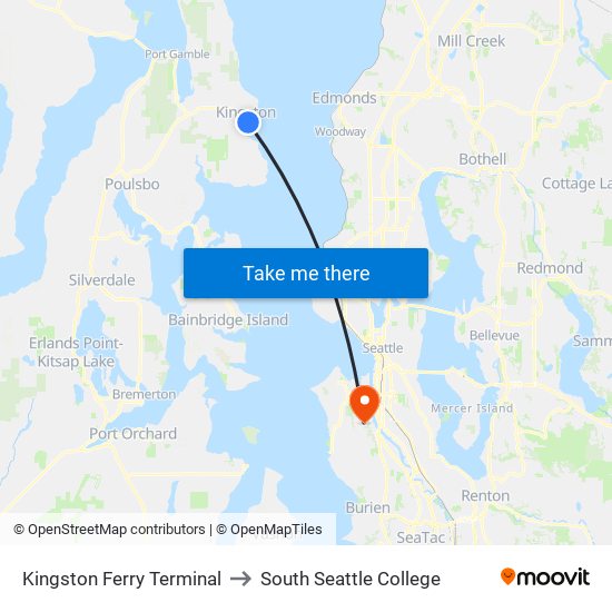 Kingston Ferry Terminal to South Seattle College map