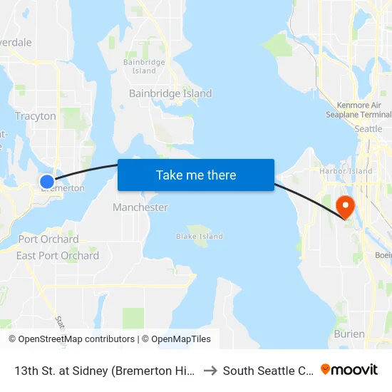 13th St. at Sidney (Bremerton High School) to South Seattle College map