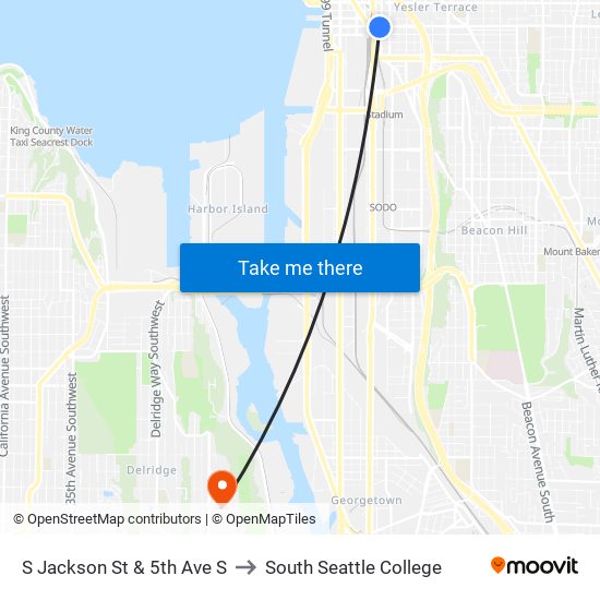 S Jackson St & 5th Ave S to South Seattle College map