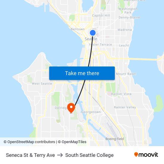 Seneca St & Terry Ave to South Seattle College map